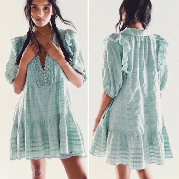 Free People Elora Mini Dress Mermaids Tail Puff Sleeve Lace Boho Peasant Size XS - Picture 1 of 16